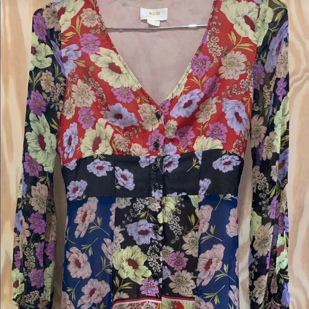 Maeve Anthropologie multi floral dress 0/XS red blue patchwork button down